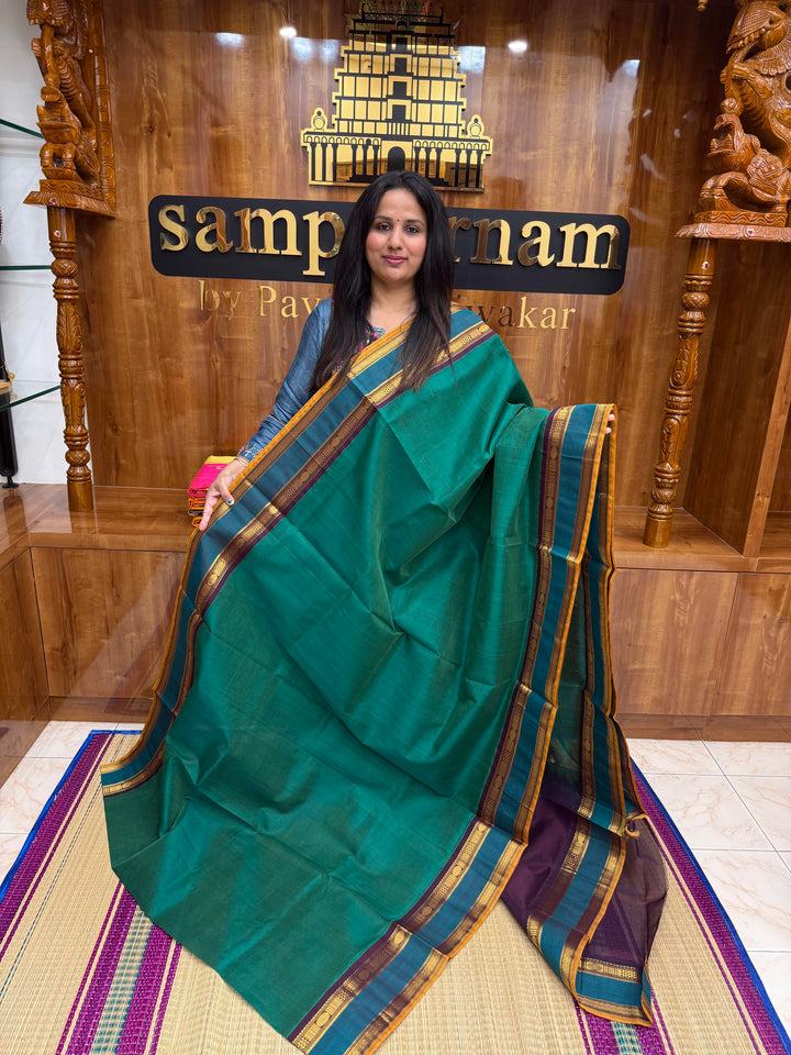Dark Green with Arakku ,Traditional Rettapet Border and Rich Pallu, Korvai Silk Cotton Saree
