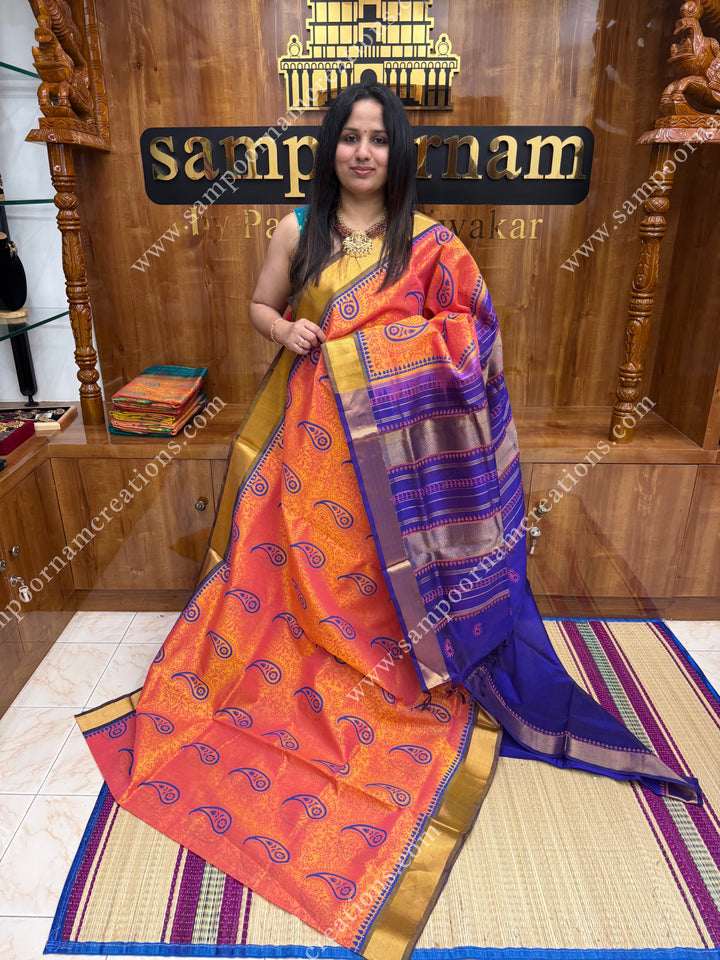 Peach with Dark Blue , Mango with Kodi design and Rich Pallu Handblock Printed Silk Cotton Saree