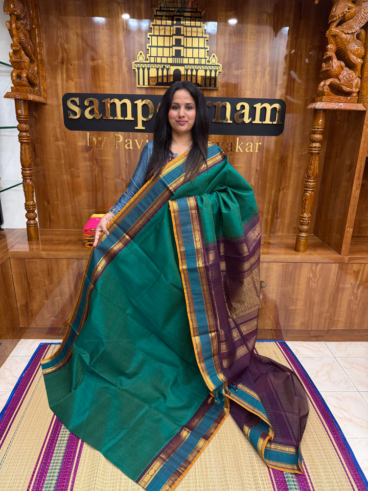 Dark Green with Arakku ,Traditional Rettapet Border and Rich Pallu, Korvai Silk Cotton Saree