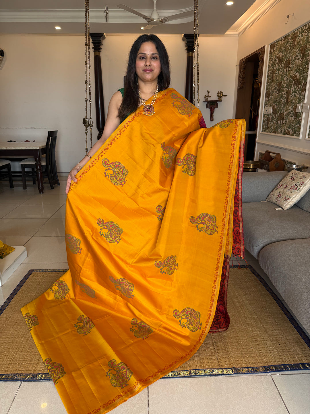 Yellow with Reddish Orange , annam Handblock print in the body , Pochampalli Pallu and Blouse  , pure soft silk saree