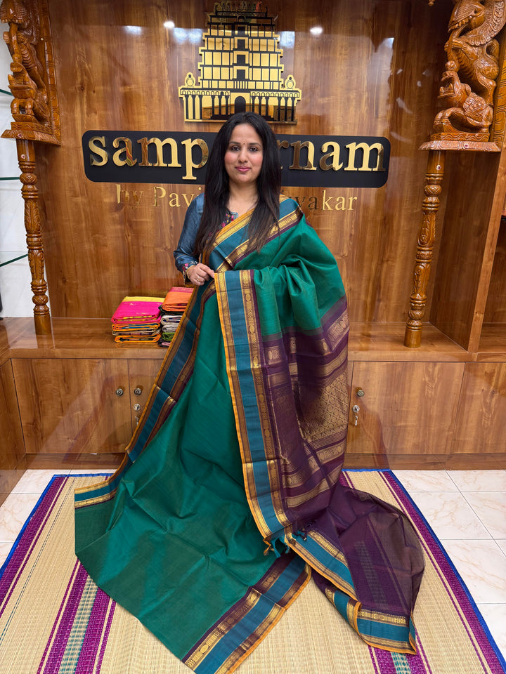 Dark Green with Arakku ,Traditional Rettapet Border and Rich Pallu, Korvai Silk Cotton Saree