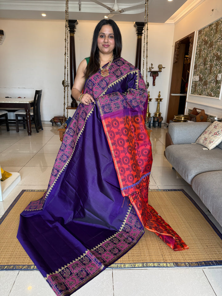 Indigo Blue with Reddish Orange , annam and elephant Handblock print in the borders , Pochampally Pallu and Blouse, pure soft silk saree