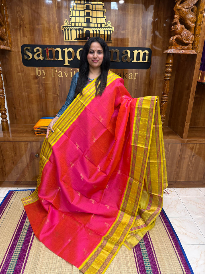 Pink with Lemon Yellow , Rich Deer Zari Butta in the body and Traditional borders , Grand Pallu Korvai Silk Cotton Saree