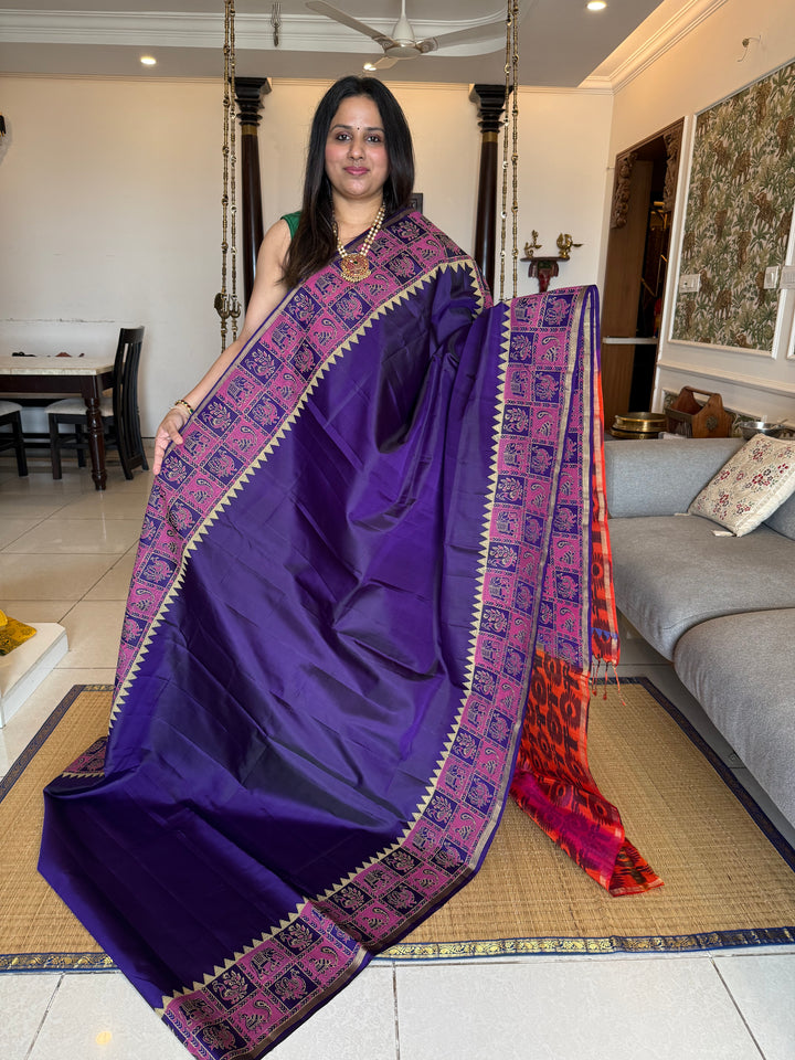 Indigo Blue with Reddish Orange , annam and elephant Handblock print in the borders , Pochampally Pallu and Blouse, pure soft silk saree