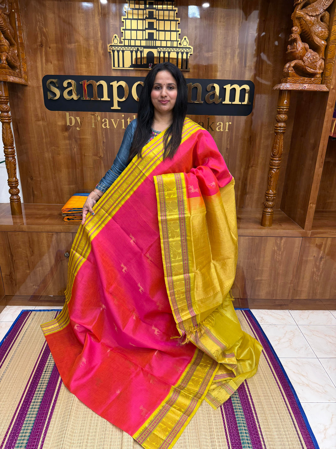 Pink with Lemon Yellow , Rich Deer Zari Butta in the body and Traditional borders , Grand Pallu Korvai Silk Cotton Saree