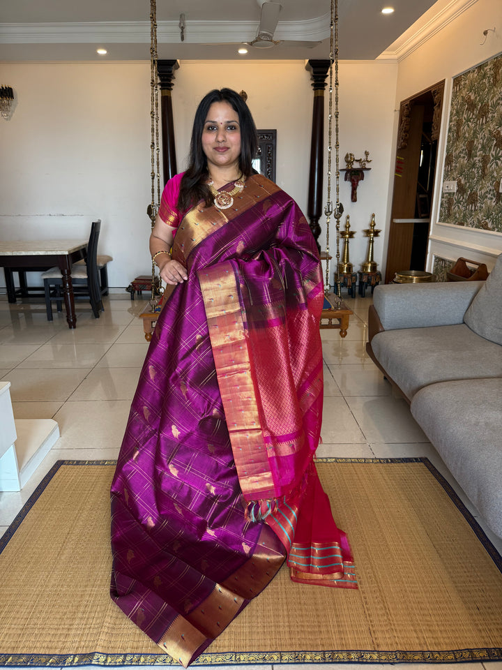 Purple with Dark Pink , Paithani Border , Parrot Motifs And Zari Checks in the Body Rich Pallu Pure Silk Cotton Saree