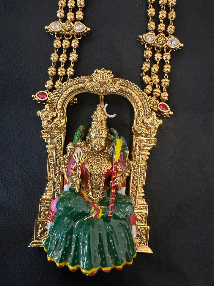 A classic three layer beaded neck piece with gold balls , red , green and white kemp stones , with Goddess Kamakshi Amman 3D Pendant .