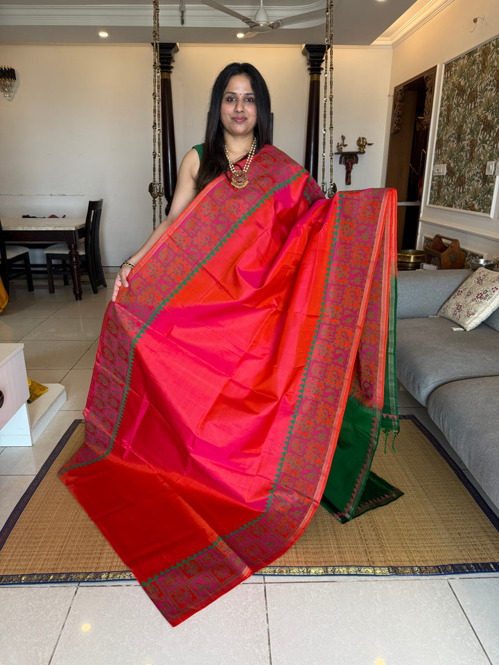 Reddish Orange with Green , annam and elephant Handblock print in the borders , simple zari lines Pallu and Blouse, pure soft silk saree