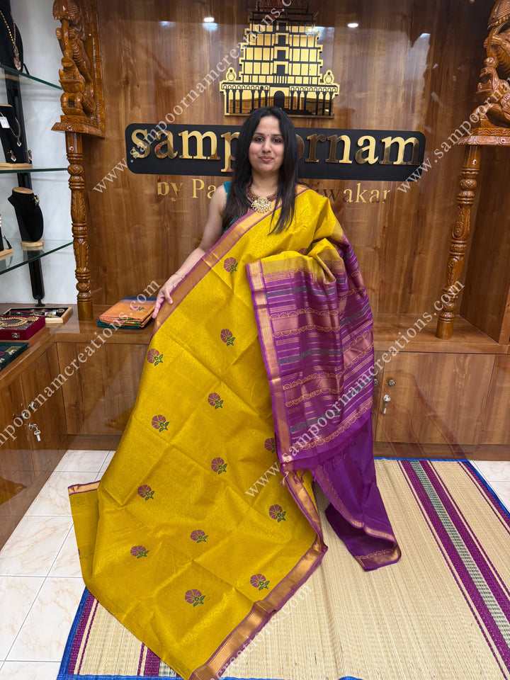 Lemon Yellow with Magenta , Floral with Kodi design and Rich Pallu Handblock Printed Silk Cotton Saree