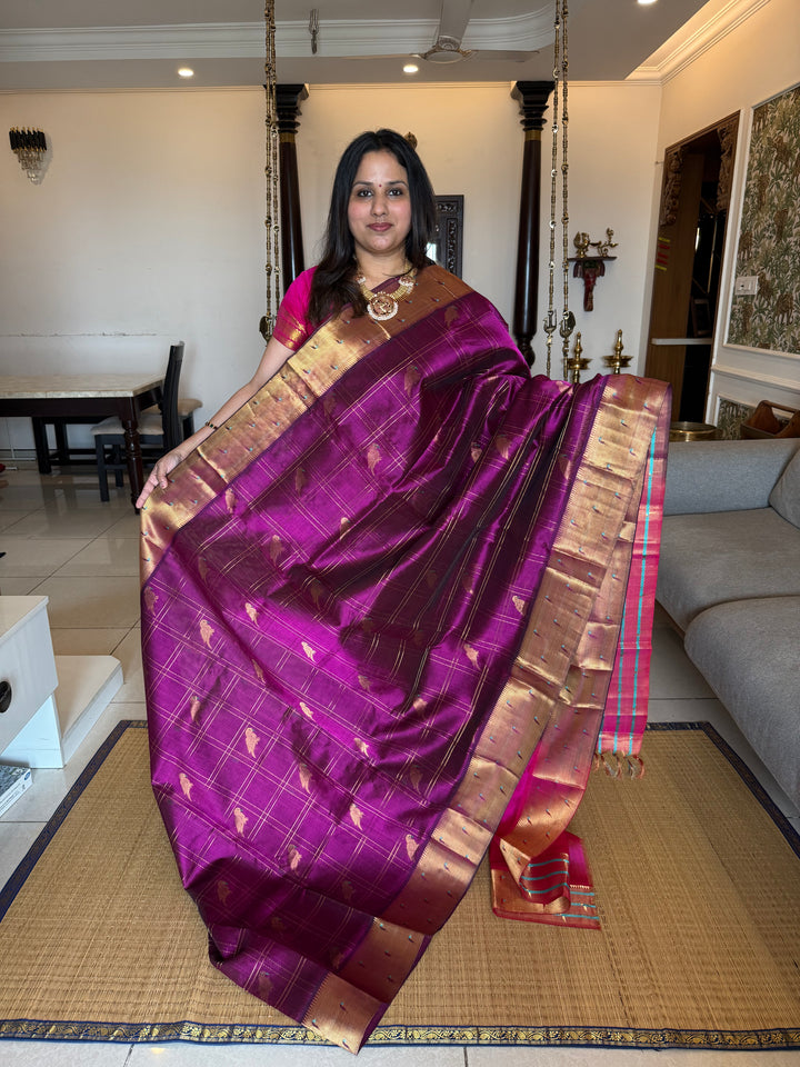 Purple with Dark Pink , Paithani Border , Parrot Motifs And Zari Checks in the Body Rich Pallu Pure Silk Cotton Saree