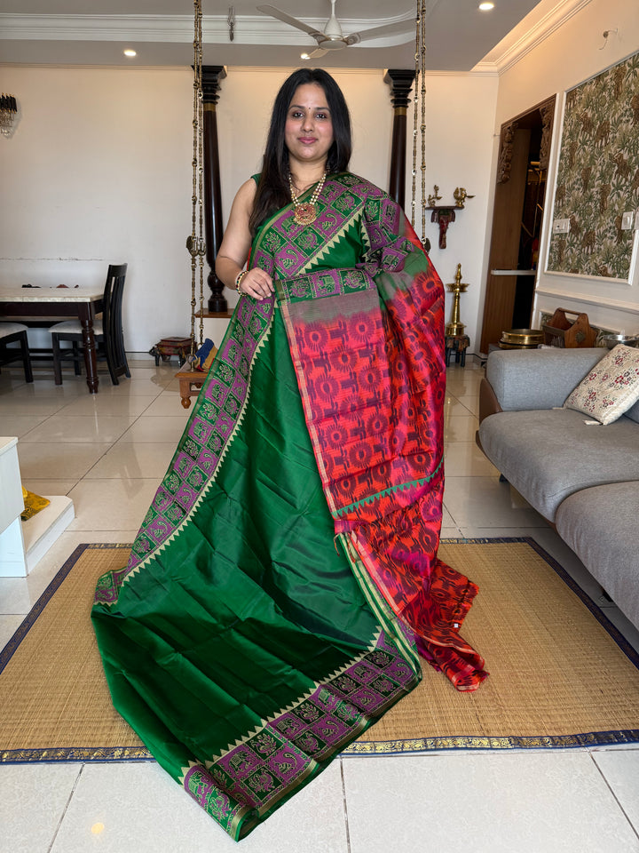 Green with Reddish Orange , annam and elephant , Handblock printed borders , Pochampalli Pallu and blouse , pure soft silk saree