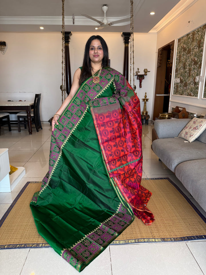 Green with Reddish Orange , annam and elephant , Handblock printed borders , Pochampalli Pallu and blouse , pure soft silk saree