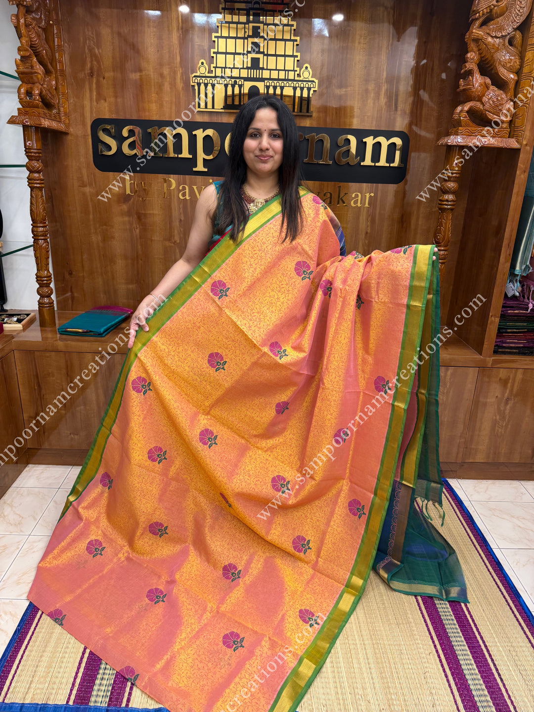 Peach with Green  Floral with Kodi design and Rich Pallu Handblock Printed Silk Cotton Saree