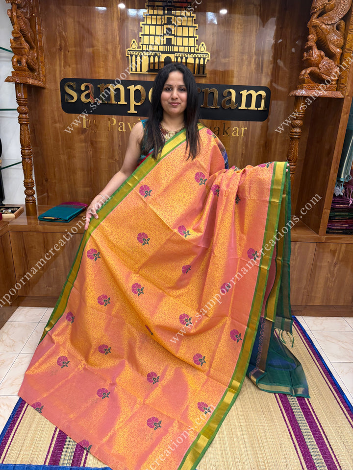 Peach with Green  Floral with Kodi design and Rich Pallu Handblock Printed Silk Cotton Saree