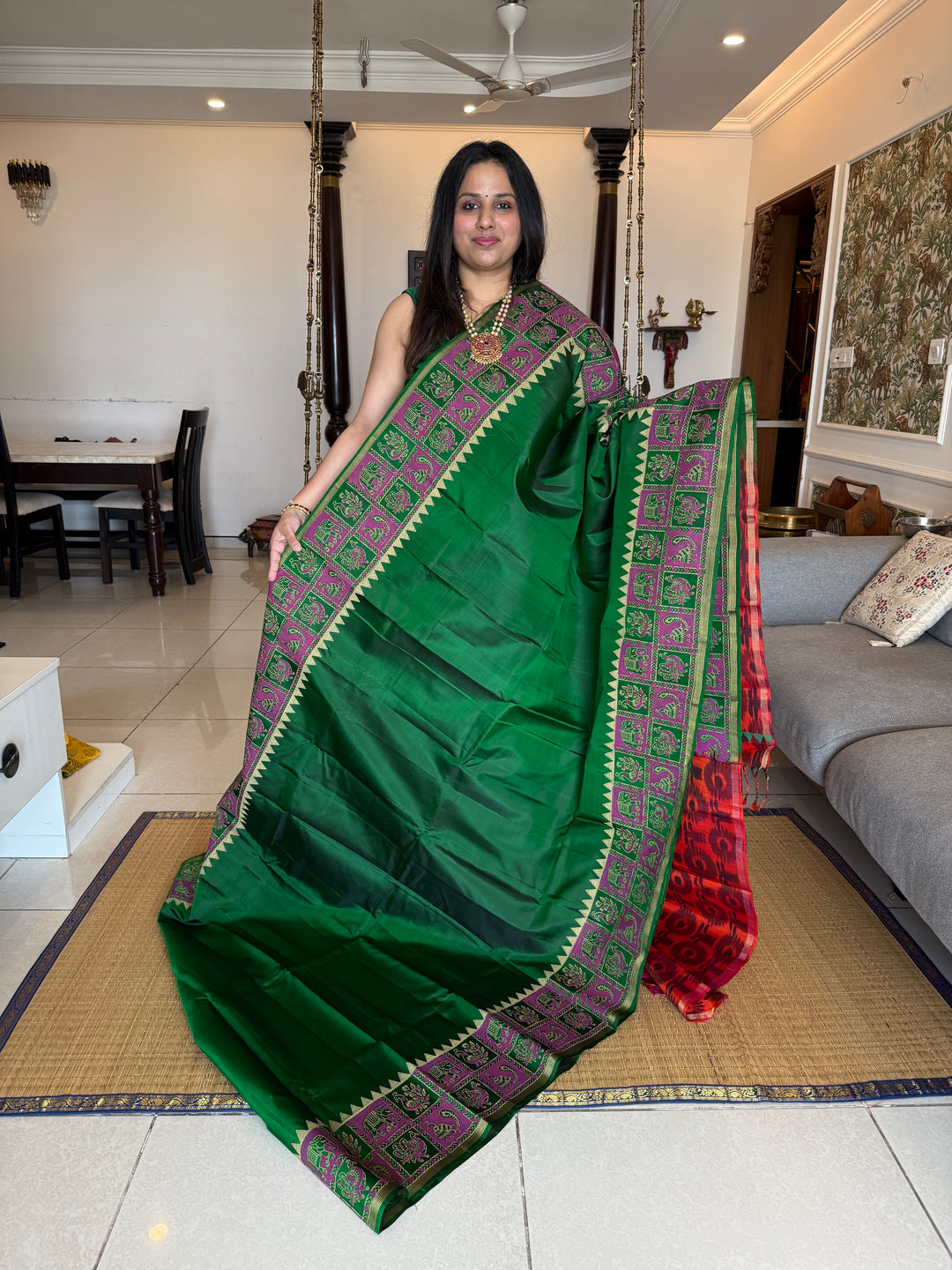 Green with Reddish Orange , annam and elephant , Handblock printed borders , Pochampalli Pallu and blouse , pure soft silk saree