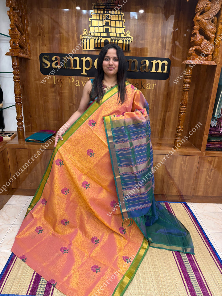 Peach with Green  Floral with Kodi design and Rich Pallu Handblock Printed Silk Cotton Saree