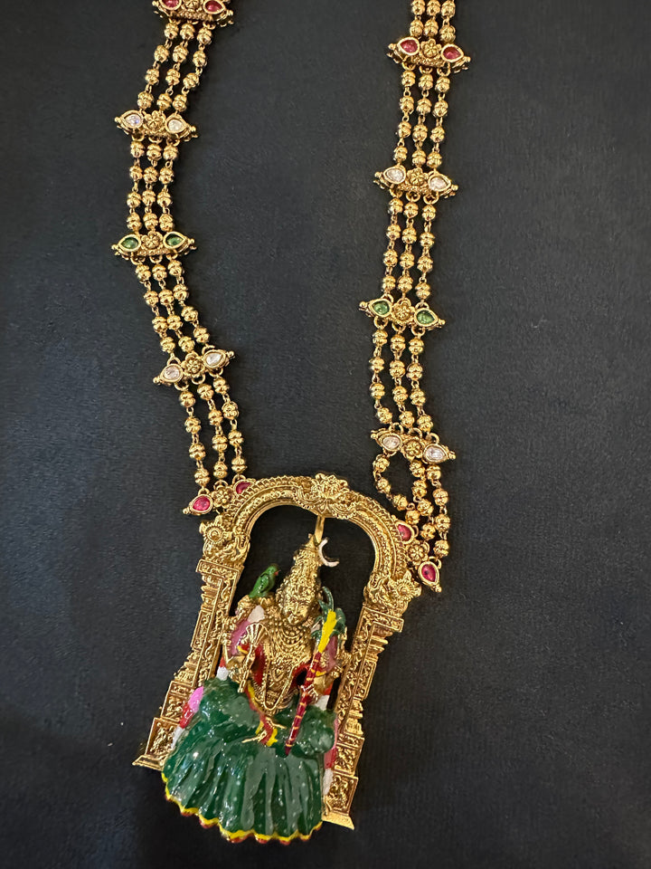 A classic three layer beaded neck piece with gold balls , red , green and white kemp stones , with Goddess Kamakshi Amman 3D Pendant .