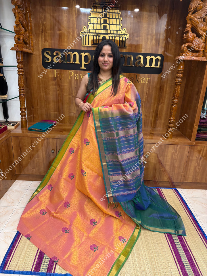 Peach with Green  Floral with Kodi design and Rich Pallu Handblock Printed Silk Cotton Saree