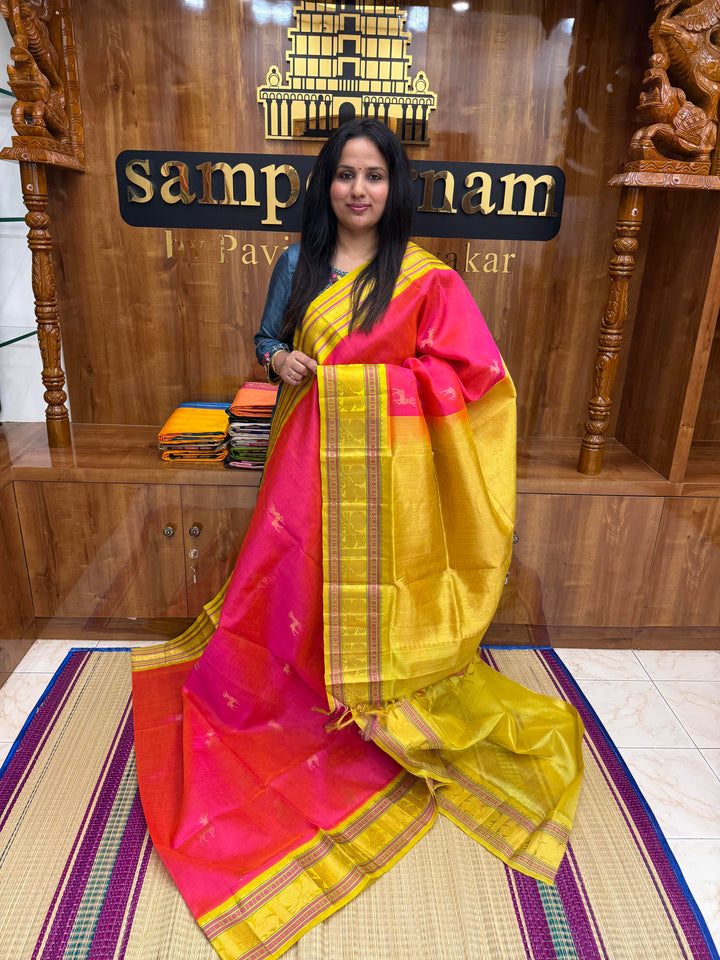 Pink with Lemon Yellow , Rich Deer Zari Butta in the body and Traditional borders , Grand Pallu Korvai Silk Cotton Saree
