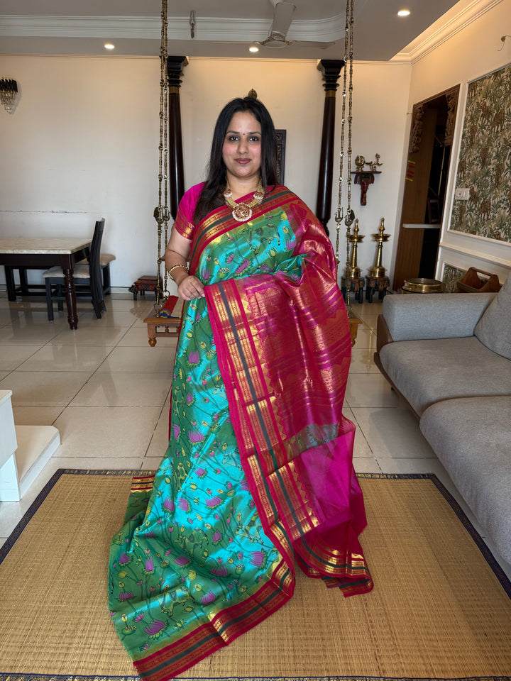 Ramar Blue with Pink  Pichwai Printed Korvai Silk Cotton Saree