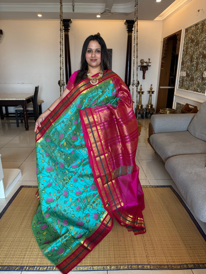 Ramar Blue with Pink  Pichwai Printed Korvai Silk Cotton Saree