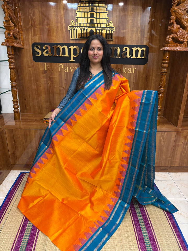 Mambazha Manjal with Turquoise Blue , rettapet borders with Temple Design , Grand Pallu Korvai Silk Cotton Saree