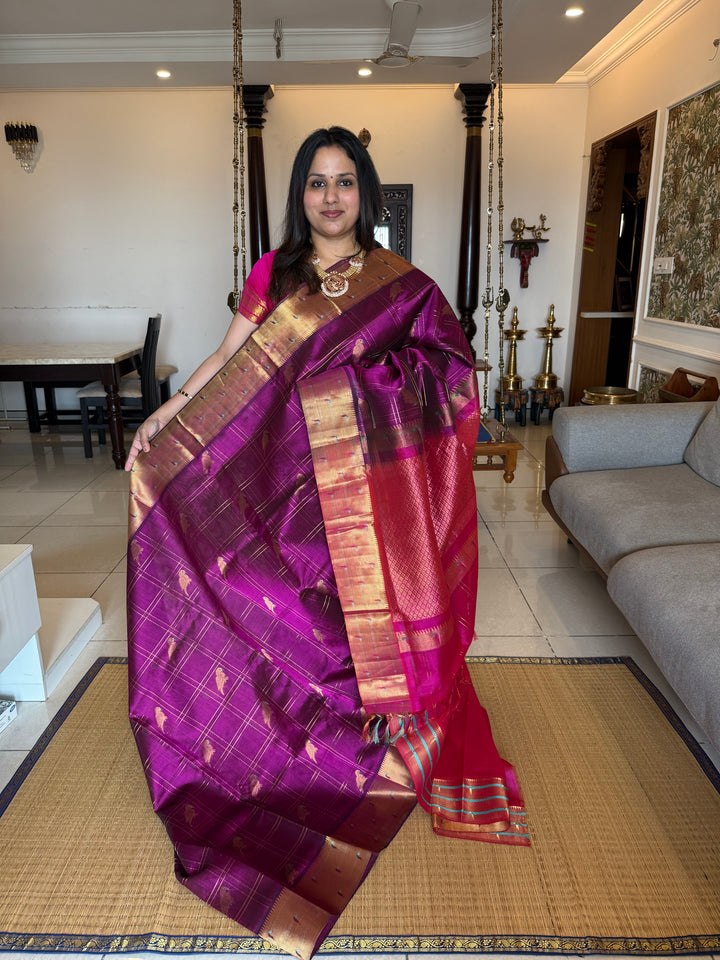 Purple with Dark Pink , Paithani Border , Parrot Motifs And Zari Checks in the Body Rich Pallu Pure Silk Cotton Saree