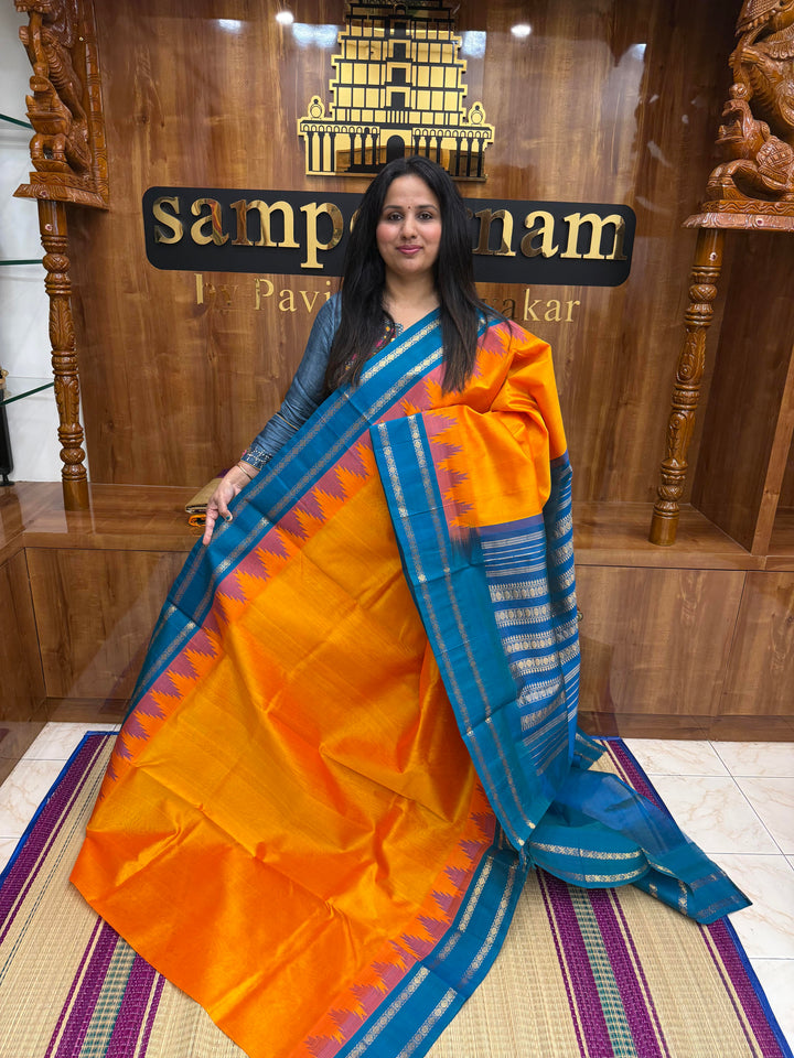 Mambazha Manjal with Turquoise Blue , rettapet borders with Temple Design , Grand Pallu Korvai Silk Cotton Saree