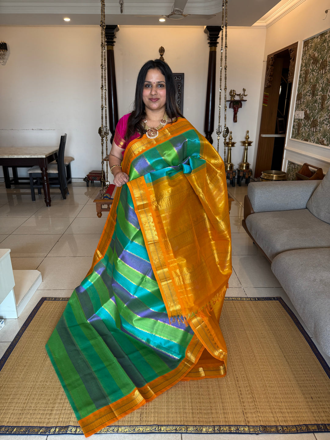 A fusion of Colours Turquoise Blue, Purple and Green with Fenugreek Colour ,Rich= Border and Pallu Korvai Silk Cotton Saree