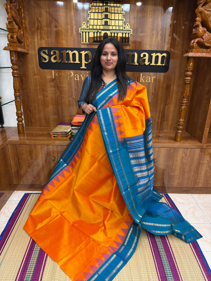 Mambazha Manjal with Turquoise Blue , rettapet borders with Temple Design , Grand Pallu Korvai Silk Cotton Saree