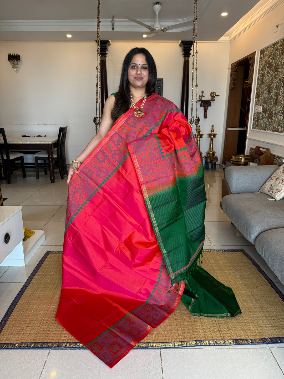 Reddish Orange with Green , annam and elephant Handblock print in the borders , simple zari lines Pallu and Blouse, pure soft silk saree