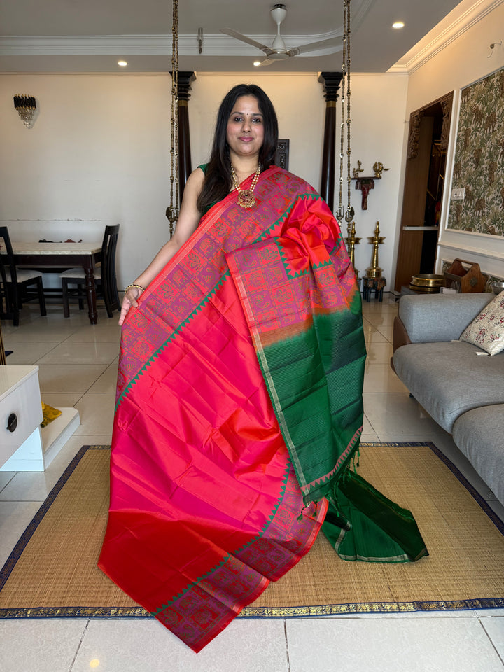 Reddish Orange with Green , annam and elephant Handblock print in the borders , simple zari lines Pallu and Blouse, pure soft silk saree