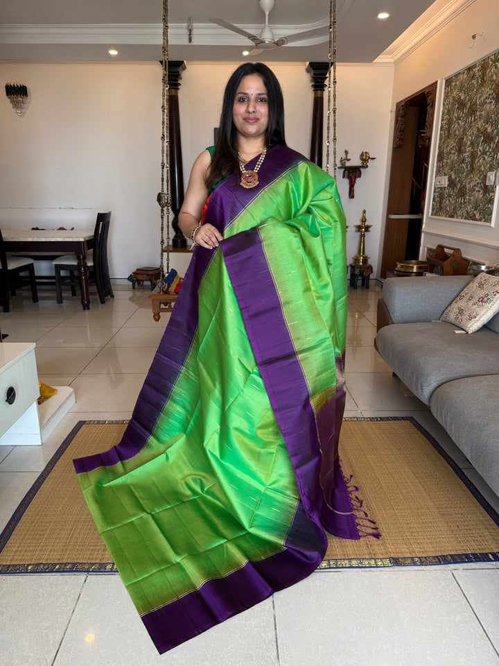 Parrot Green with purple , zari raindrop motif in the body , plain borders and rich Pallu , pure soft silk saree