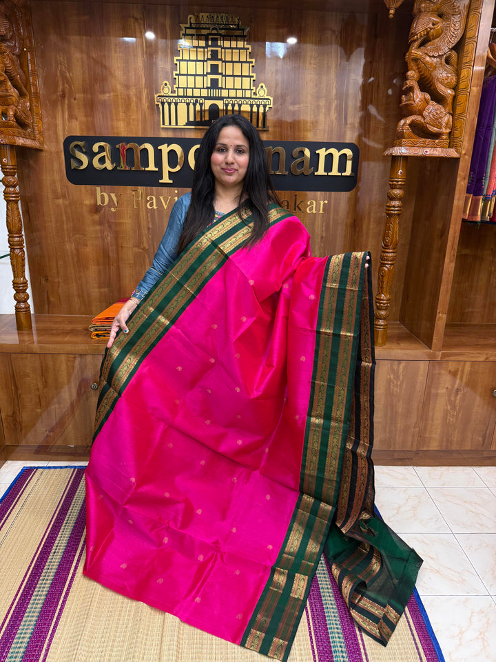 Bright Pink with Green , Rich Mango Zari butta in the body and Traditional rettapet borders , Grand Pallu ,Korvai Silk Cotton Saree