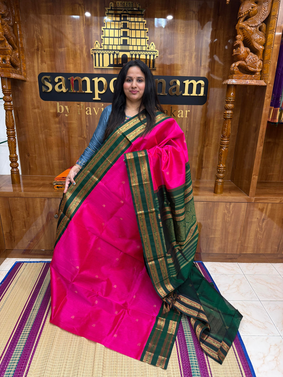 Bright Pink with Green , Rich Mango Zari butta in the body and Traditional rettapet borders , Grand Pallu ,Korvai Silk Cotton Saree