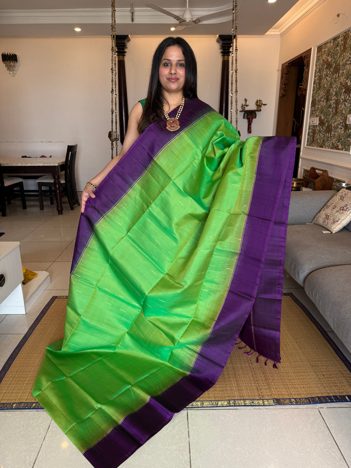 Parrot Green with purple , zari raindrop motif in the body , plain borders and rich Pallu , pure soft silk saree