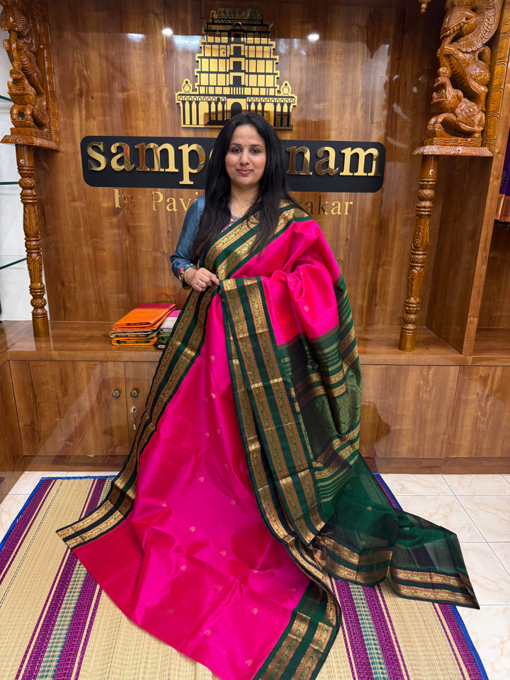 Bright Pink with Green , Rich Mango Zari butta in the body and Traditional rettapet borders , Grand Pallu ,Korvai Silk Cotton Saree