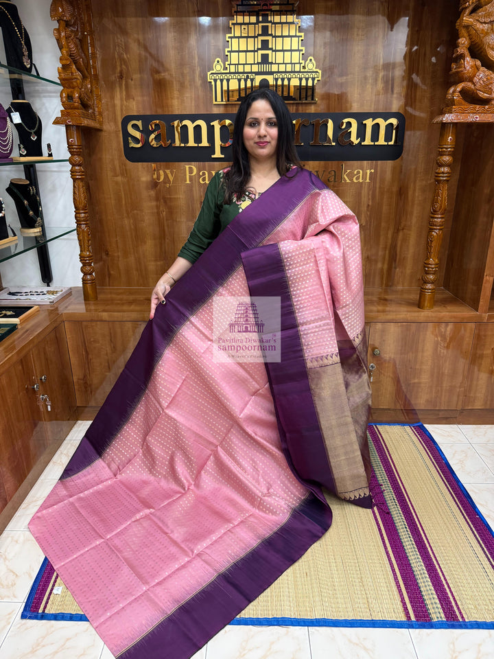 Onion Pink with Purple , Vertical Floral Silver and Gold Zari in the body , Vairaoosi lines in the boder and rich Pallu Pure Soft Silk Saree