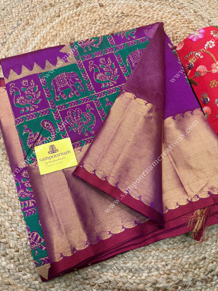 Vadamalli Purple , Annam and Elephant Handblock Print and Tissue borders , Rich Pallu Handblock Printed Silk Cotton Saree
