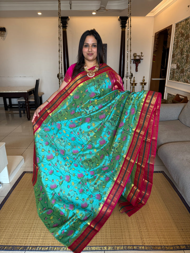 Ramar Blue with Pink  Pichwai Printed Korvai Silk Cotton Saree