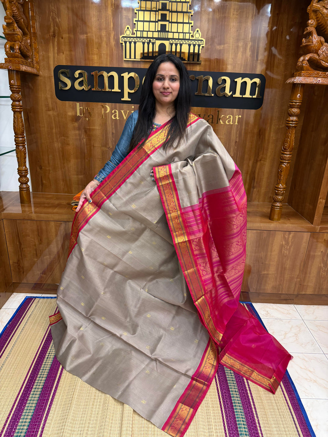 Grey with Magenta , Rich Zari Mango butta in the body , Traditional  borders and rich Pallu Korvai Silk Cotton Saree