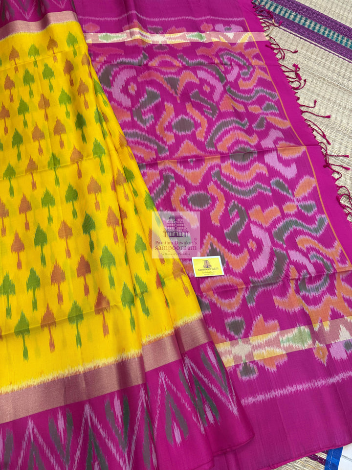Yellow with Pink , Pochampally designs in the body  and grand  Pallu Pure Soft Silk Saree