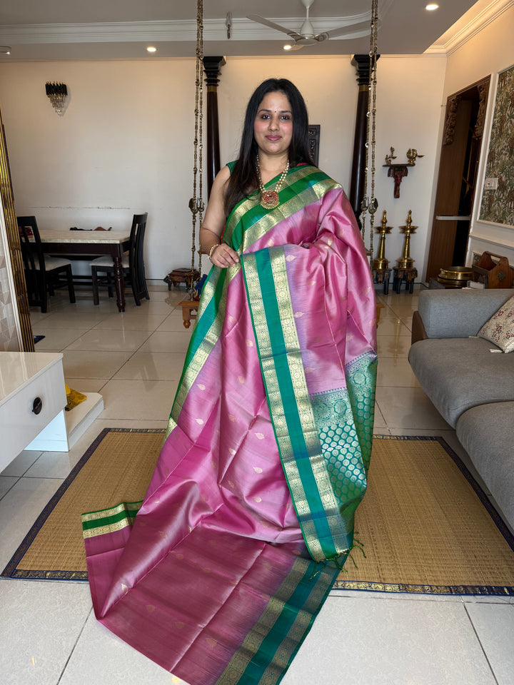 Onion Pink with Bluish Green , rettapet zari kanjivaram border and rich Pallu , pure soft silk saree