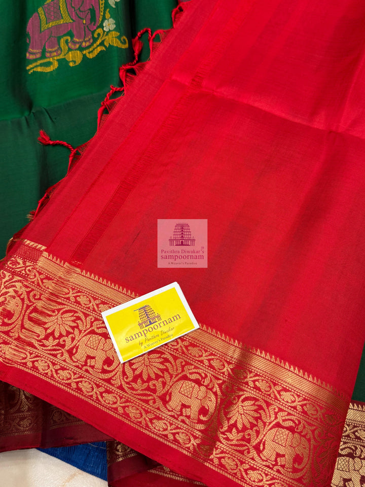 Green with Red , Thread butta in the body , rich Kanchi border and grand  Pallu Pure Soft Silk Saree