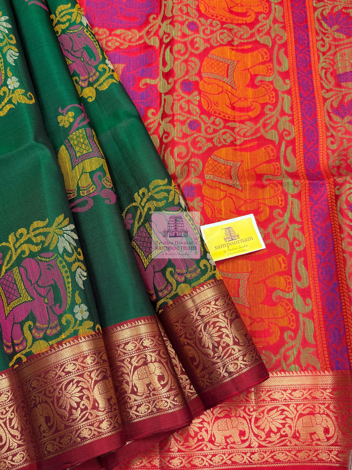 Green with Red , Thread butta in the body , rich Kanchi border and grand  Pallu Pure Soft Silk Saree