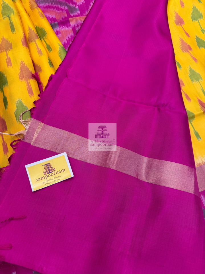 Yellow with Pink , Pochampally designs in the body  and grand  Pallu Pure Soft Silk Saree