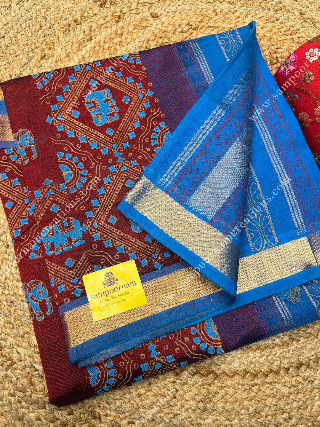 Maroon with Blue, Elephant border and Tiny Elephant in the body ,  Rich Pallu Handblock Printed Silk Cotton Saree