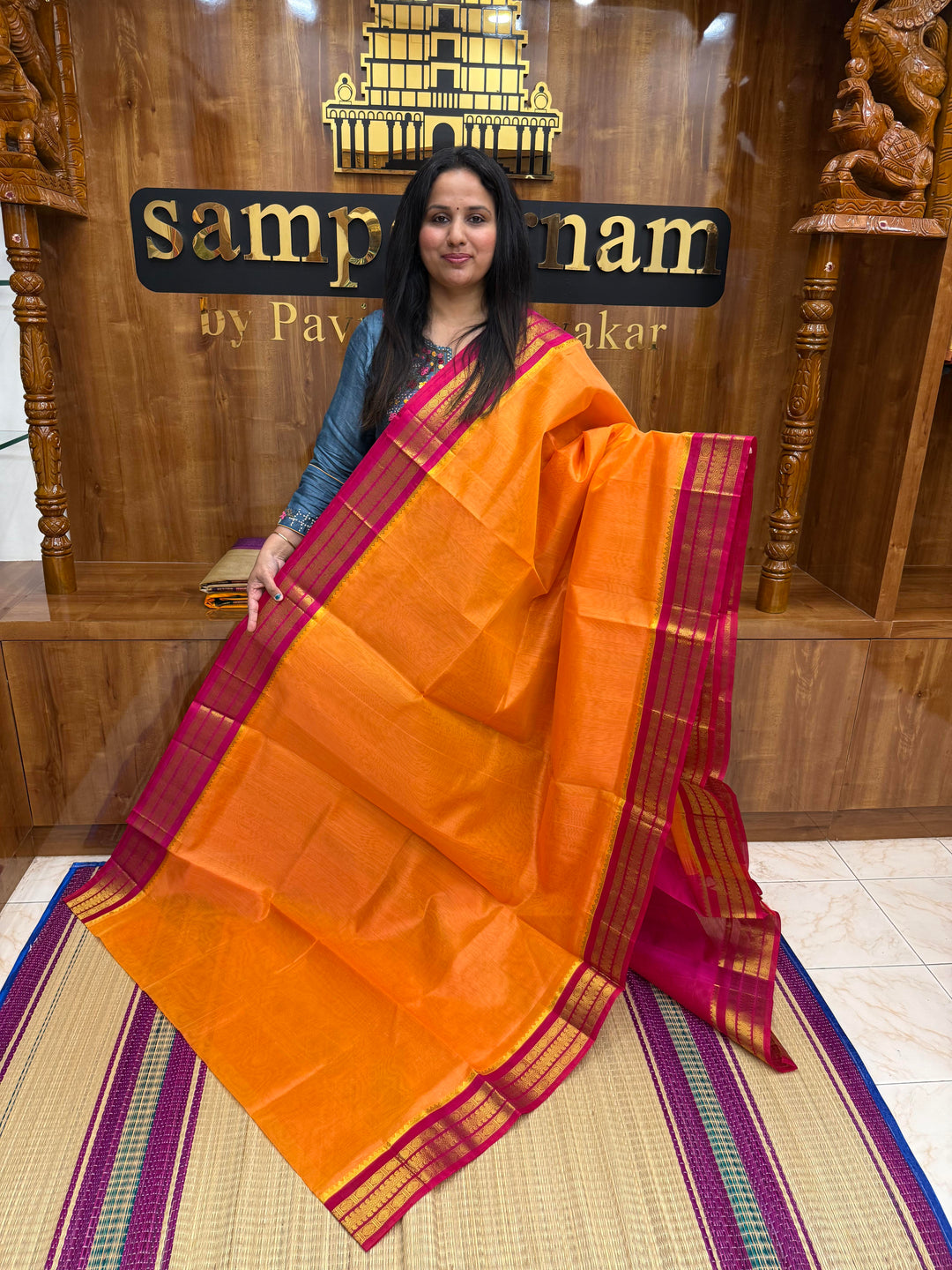 Kanakambaram with Pink , Traditional borders and Rich Pallu, Korvai Silk Cotton Saree
