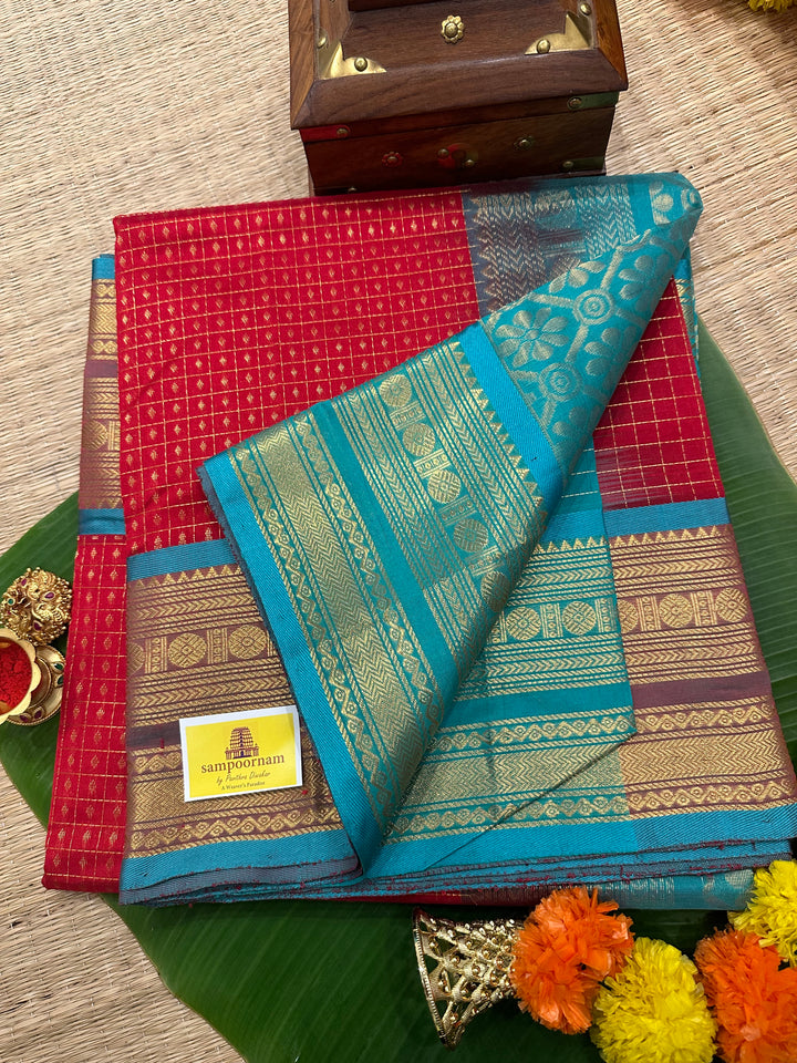 Red with Turquoise Blue Zari Lakshadeepam Silk Cotton Saree