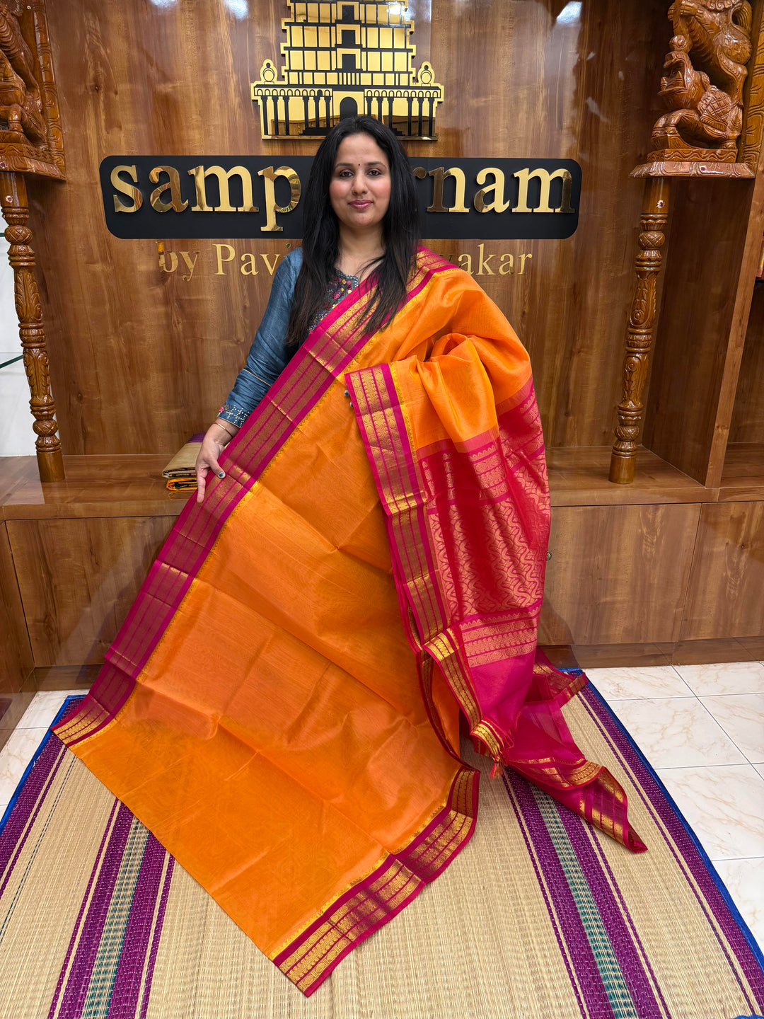 Kanakambaram with Pink , Traditional borders and Rich Pallu, Korvai Silk Cotton Saree